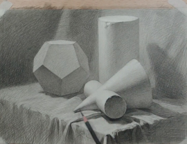 素描几何体（十二面体、圆柱、圆柱圆锥穿插体组合）的讲解示范